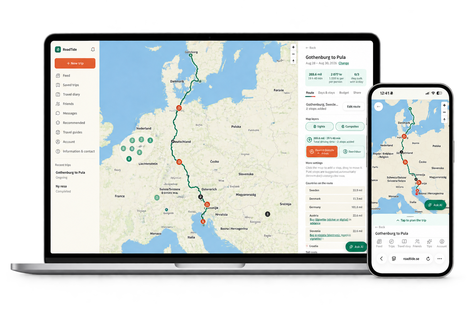 RoadTide's route planner shown on desktop and mobile
